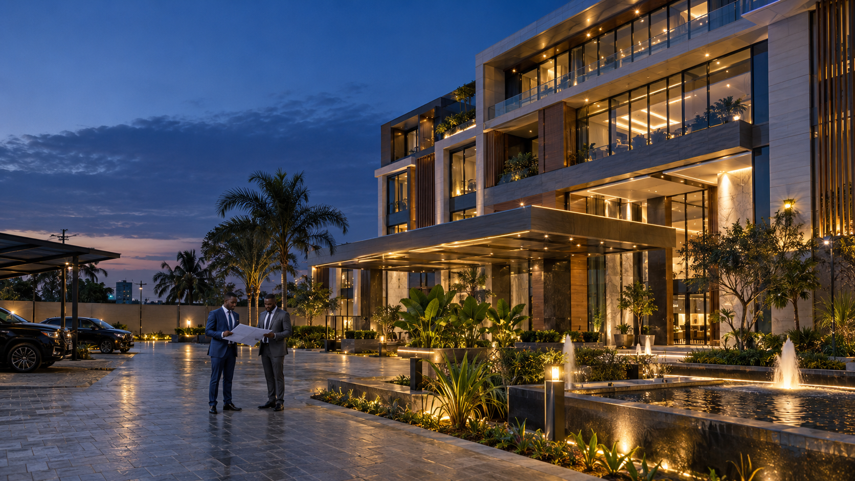Contemporary Nigerian luxury development at dusk